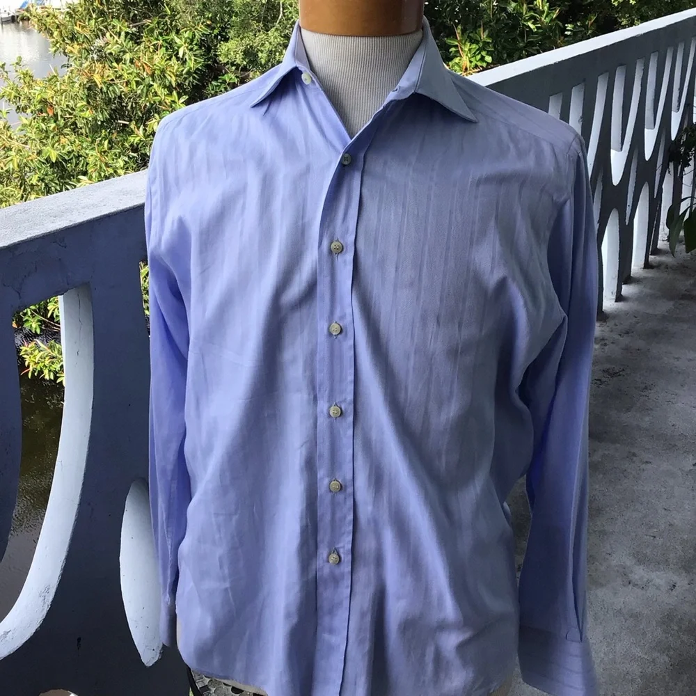 Valentino Baby Blue Herringbone/Striped 100% Cotton Long Sleeved Button Shirt - Picture 10 of 10